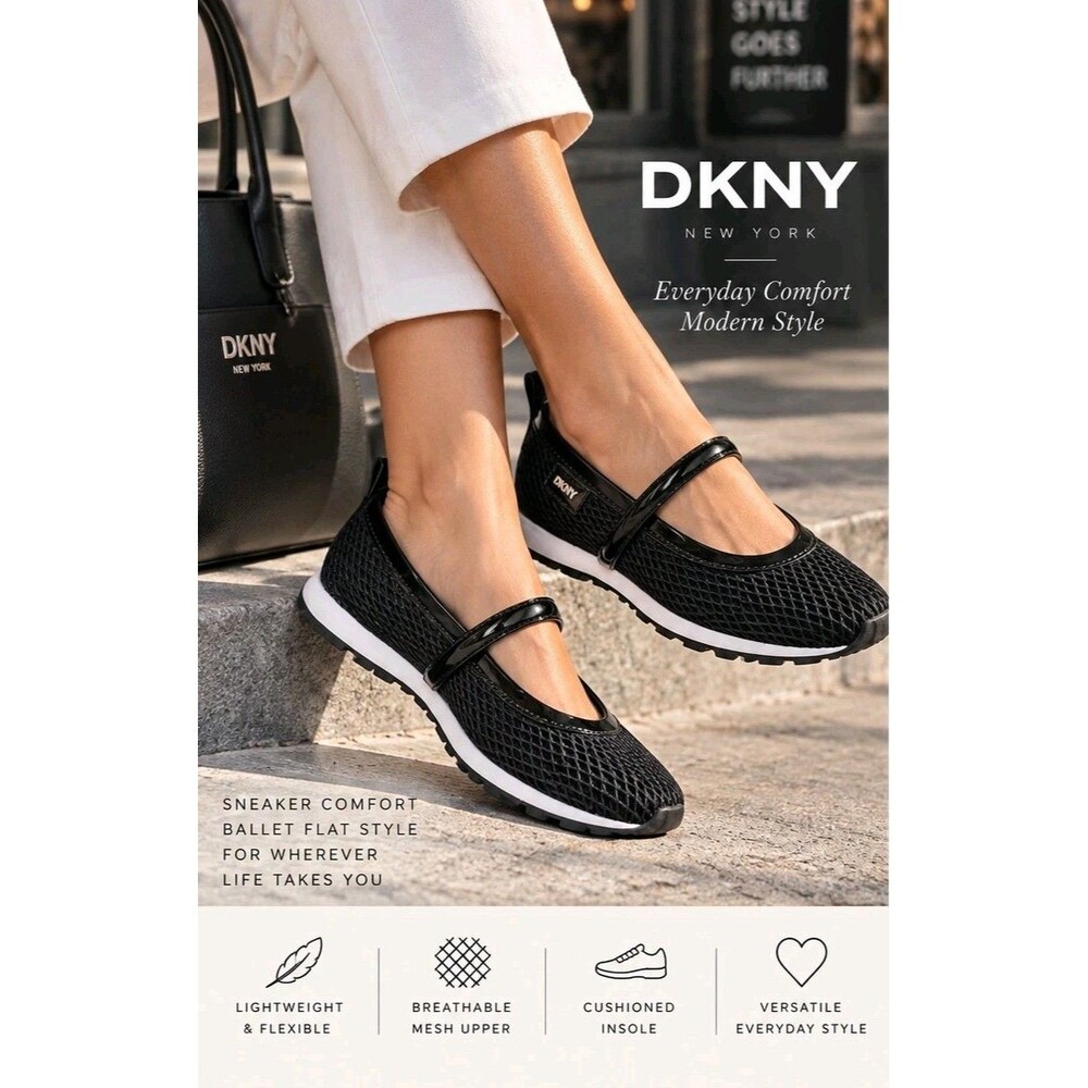 DKNY Womens 7.5 Black Mesh Mary Jane Sneaker Flats White Sole Sporty Ballet